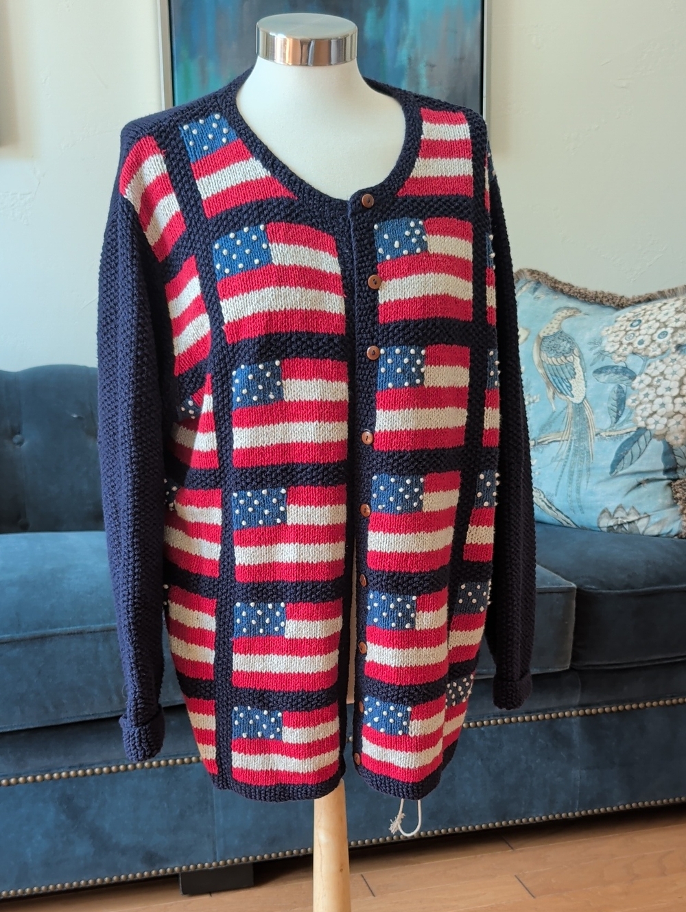 Women's Navy Flag-Print Button Cardigan Sweater